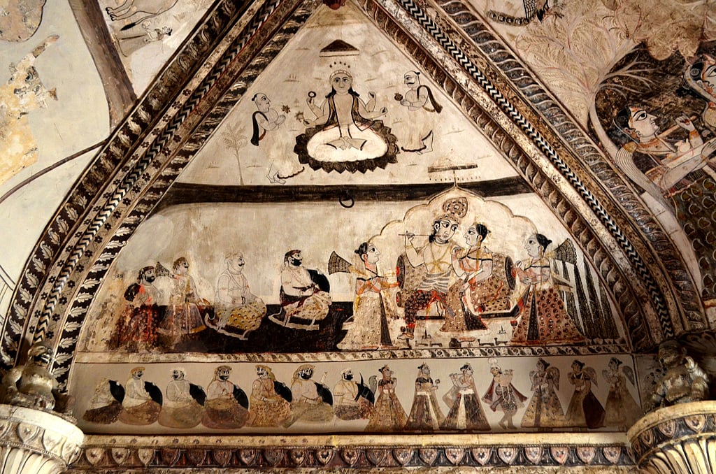 A section of the paintings depict Krishnas colourful life