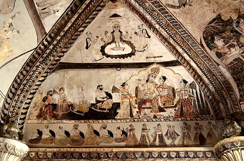 A section of the paintings depict Krishna's colourful life