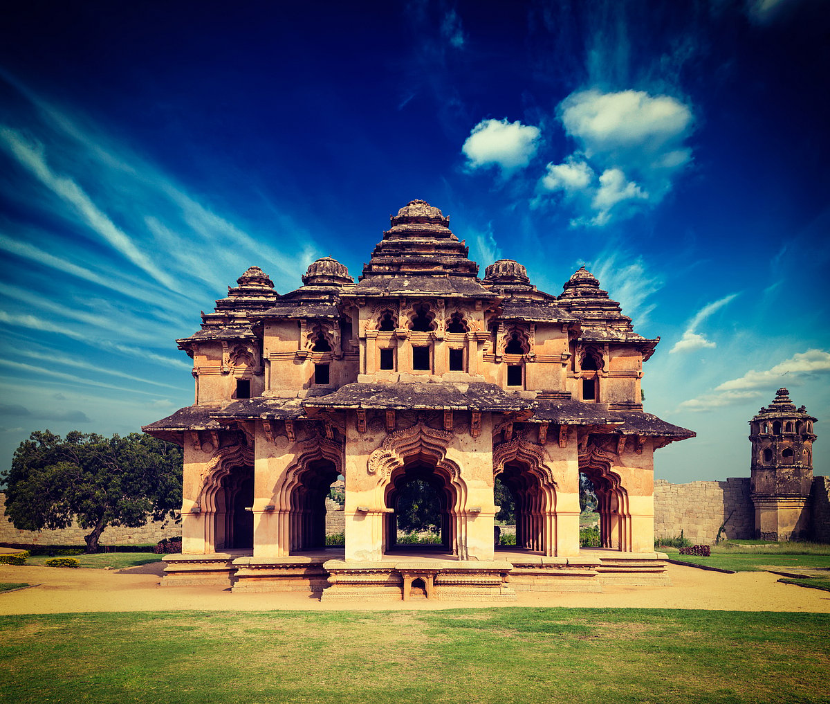 The Lotus mahal showcases Islamic influence on the architecture