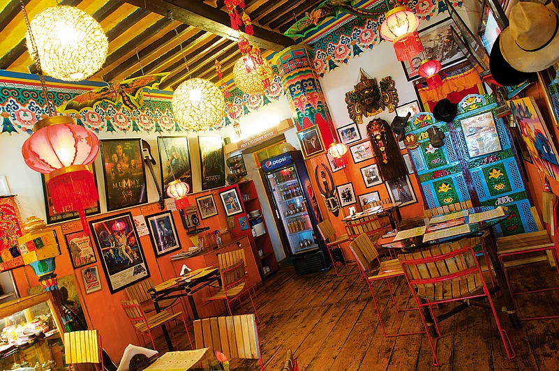 The intricate pattern on the ceiling at Domas Cafe was done by students of thangka art, who worked on it for nine months