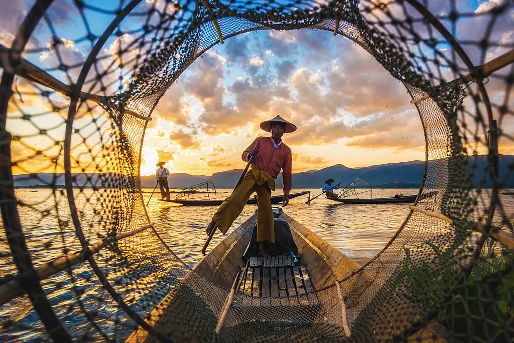 An Intha fisherman at Inle Lake in Myanmar