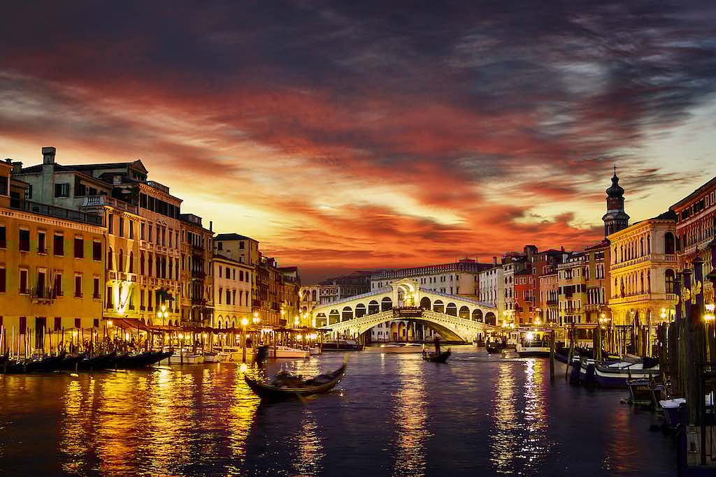 Venice at night with Rialto Bridge