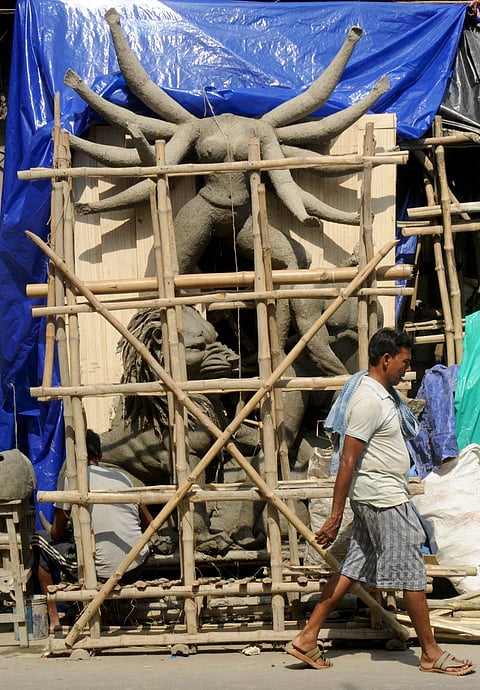 In less than a month, these rudimentary frames will emerge as the finished ten-handed Durga idols standing over a lion in her demon-slaying pose