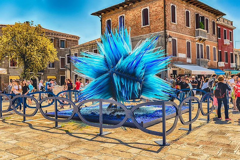 Blue murano glass sculpture named Comet Glass Star by S. Cenedese, iconic landmark located on Campo San Stefano square