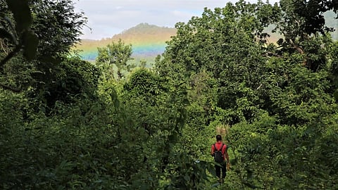 Jagannath Majhi walks through the forested hills as a rainbow dresses up the horizon