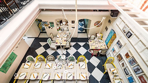 The central area in Corner Courtyard which has a glass pyramid doubles as the dining area