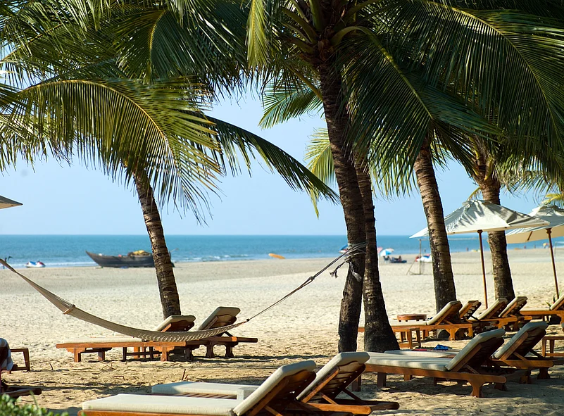 Deck chairs and hammocks outside a beach shack in Palolem