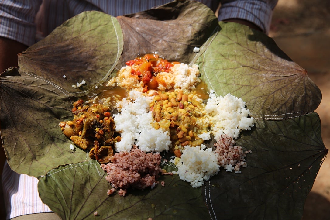 Lunch is served on sal leaves stitched together