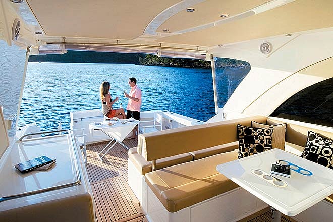 Fairline Squadron 42 is a two-cabin flybridge with cosy living areas