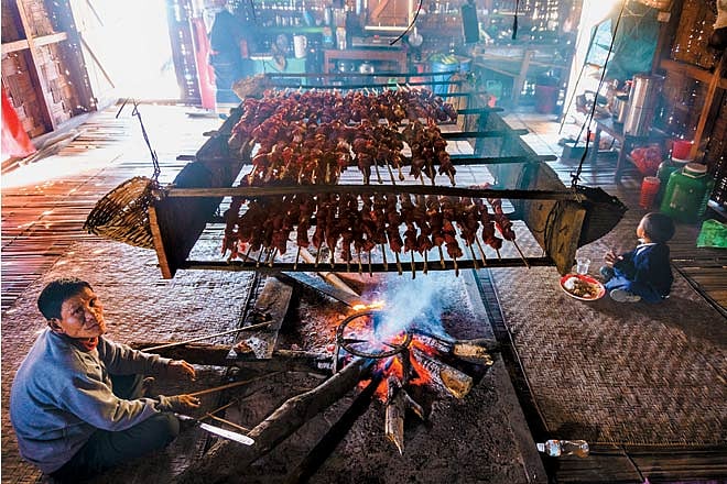 At Nyishi weddings, a mithun is sacrificed as part of the bride price, and the meat served to guests. Any extra meat is smoke-dried, using bamboo skewers, and distributed to faraway relatives