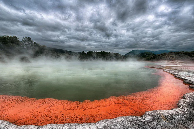 The Champagne Pool near Rotorua is a colourful crater lake in the geothermal area of Waiotapu