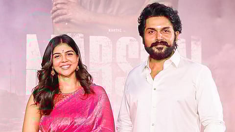 'മാർഷലി'ന്റെ പൂജാചടങ്ങിൽ കല്യാണി പ്രിയദർശനും കാർത്തിയും