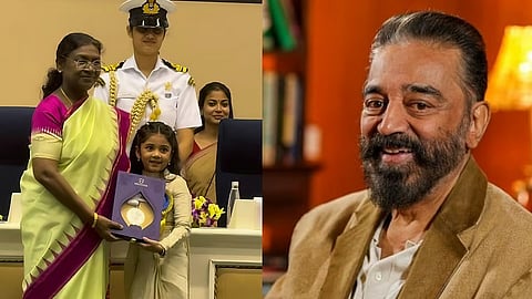 മികച്ച ബാലതാരത്തിനുള്ള ദേശീയ അവാർഡ് നേടിയ തൃഷ തോസര്‍ രാഷ്ട്രപതി ദ്രൗപദി മുർമുവിൽ നിന്ന് പുരസ്കാരം സ്വീകരിക്കുന്നിതിന്റെയും കമൽഹാസന്റെയും ചിത്രം