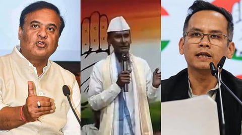 হিমন্ত বিশ্ব শর্মা বামদিক), বিধুভূষণ দাস (মাঝে) এবং গৌরব গগৈ (ডানদিক)