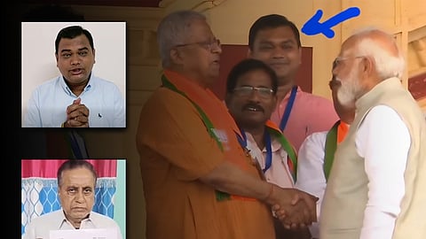 ছবির বাঁ দিকে ওপরে সিন্টু সেনাপতি এবং নিচে নারায়ণকিঙ্কর মিশ্র। ডানদিকে প্রধানমন্ত্রীর মঞ্চে সিন্টু সেনাপতি