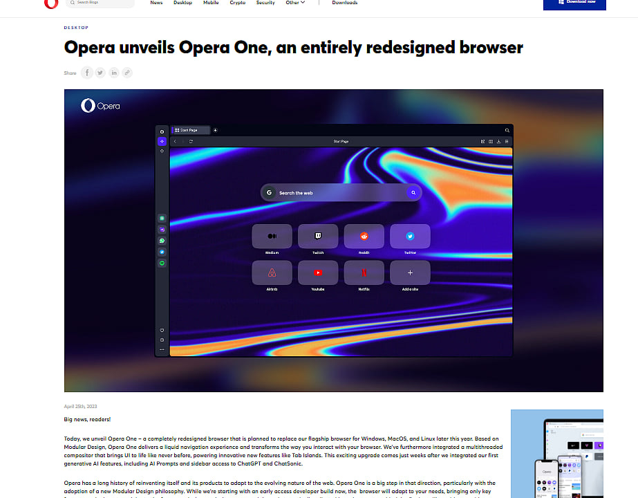 ಒಪೆರಾದಿಂದ ನೂತನ ಬ್ರೌಸರ್ ‘ಒಪೆರಾ ಒನ್‘ ಬಿಡುಗಡೆ 