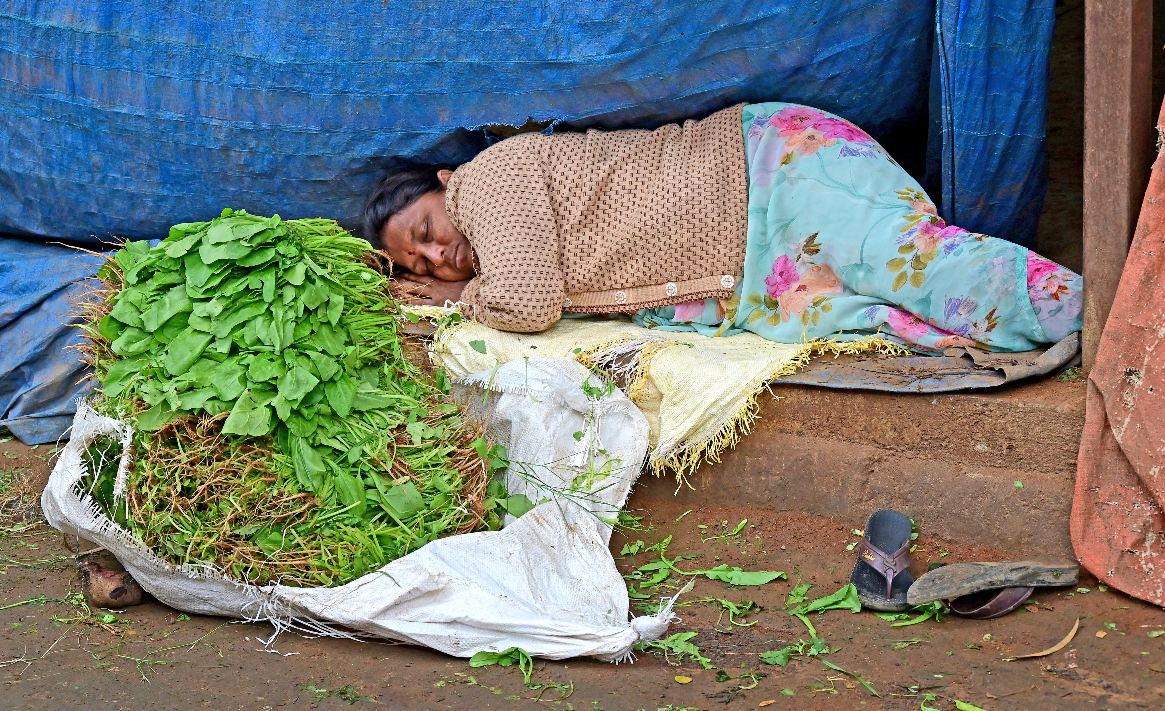 ಕೆಸರಿಗೆ ಅಂಜಿ ಗ್ರಾಹಕರು ಬಾರದೇ ಇದ್ದಿದ್ದರಿಂದ ಕಾದು ಕಾದು ನಿದ್ದೆ ಹೋದ ಸೊಪ್ಪು ಮಾರಾಟ ಮಾಡುವ ಮಹಿಳೆ
