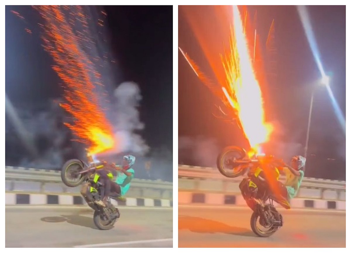 ತಮಿಳುನಾಡು: ಬೈಕ್‌ನಲ್ಲಿ ಪಟಾಕಿ ಸಿಡಿಸುತ್ತಾ ಸಾಹಸಮಯ ವೀಲಿಂಗ್ ಸ್ಟಂಟ್! 