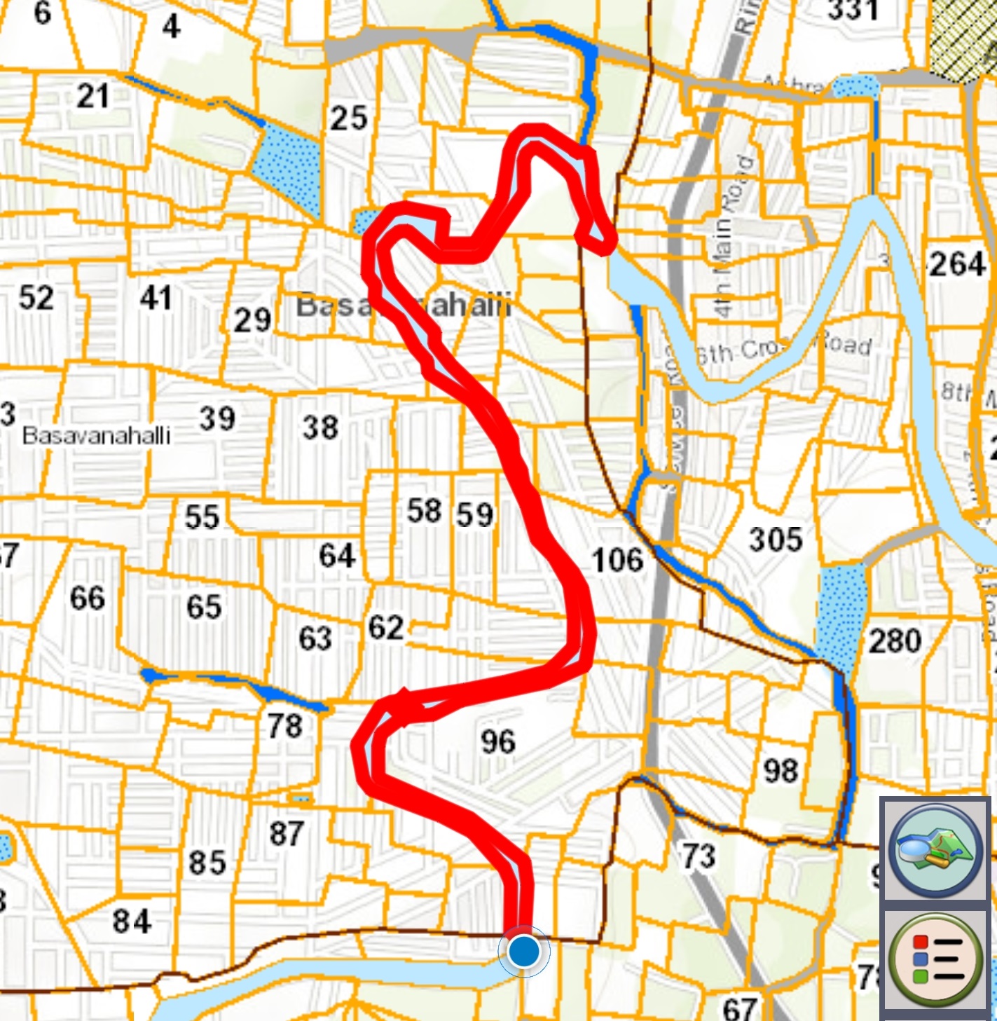 ದಿಶಾಂಕ್ ಆ್ಯಪ್‌ನಲ್ಲಿ ವಿಜಯನಗರ ನಾಲ್ಕನೇ ಹಂತದಲ್ಲಿ ಕಾಣುವ ಪೂರ್ಣಯ್ಯ ನಾಲೆ (ಕೆಂಪು ಬಣ್ಣದಲ್ಲಿರುವುದು)