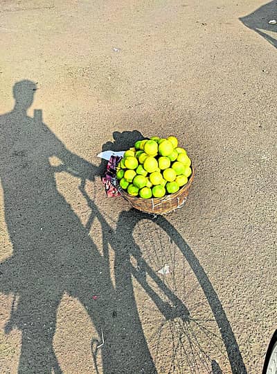 ಚಿಕ್ಕಗಡಿಯಾರ ಸರ್ಕಲ್‌ನ ಫುಟ್‌ಪಾತ್‌ನಲ್ಲಿ, ತನ್ನ ಜಾಗವನ್ನು ಕಾಯ್ದಿರಿಸಿಕೊಂಡು ಕುಳಿತಿದ್ದ ಹಣ್ಣಿನಪುಟ್ಟಿ, ನೆರಳು–ಬೆಳಕಿನ ಸಂಯೋಜನೆಯಲ್ಲಿ ಸೈಕಲ್‌ ಏರಿ ಕುಳಿತು ವ್ಯಾಪಾರಕ್ಕೆ ಹೊರಟಂತೆ ಕಂಡಿತು.