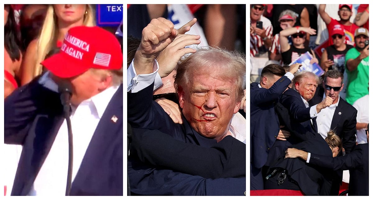 PHOTOS ಗುಂಡಿನ ದಾಳಿ: ಕಿವಿ-ಮುಖದಲ್ಲಿ ರಕ್ತ, ಎದೆಗುಂದದ ಟ್ರಂಪ್, ಅಪಾಯದಿಂದ ಪಾರು