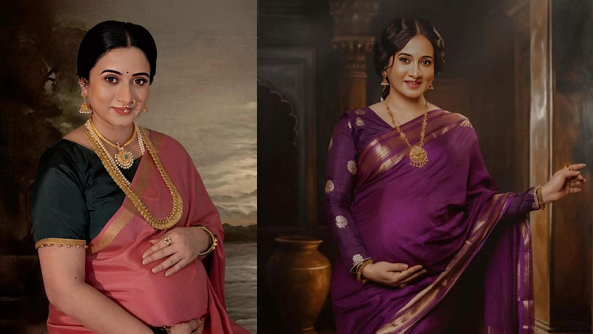 PHOTOS: ರವಿವರ್ಮನ ಕುಂಚದ ಕಲೆಯ ನೆರಳಲ್ಲಿ ಹರ್ಷಿಕಾ ಪೂಣಚ್ಚ ಬೇಬಿ ಬಂಪ್ ಫೋಟೊಶೂಟ್