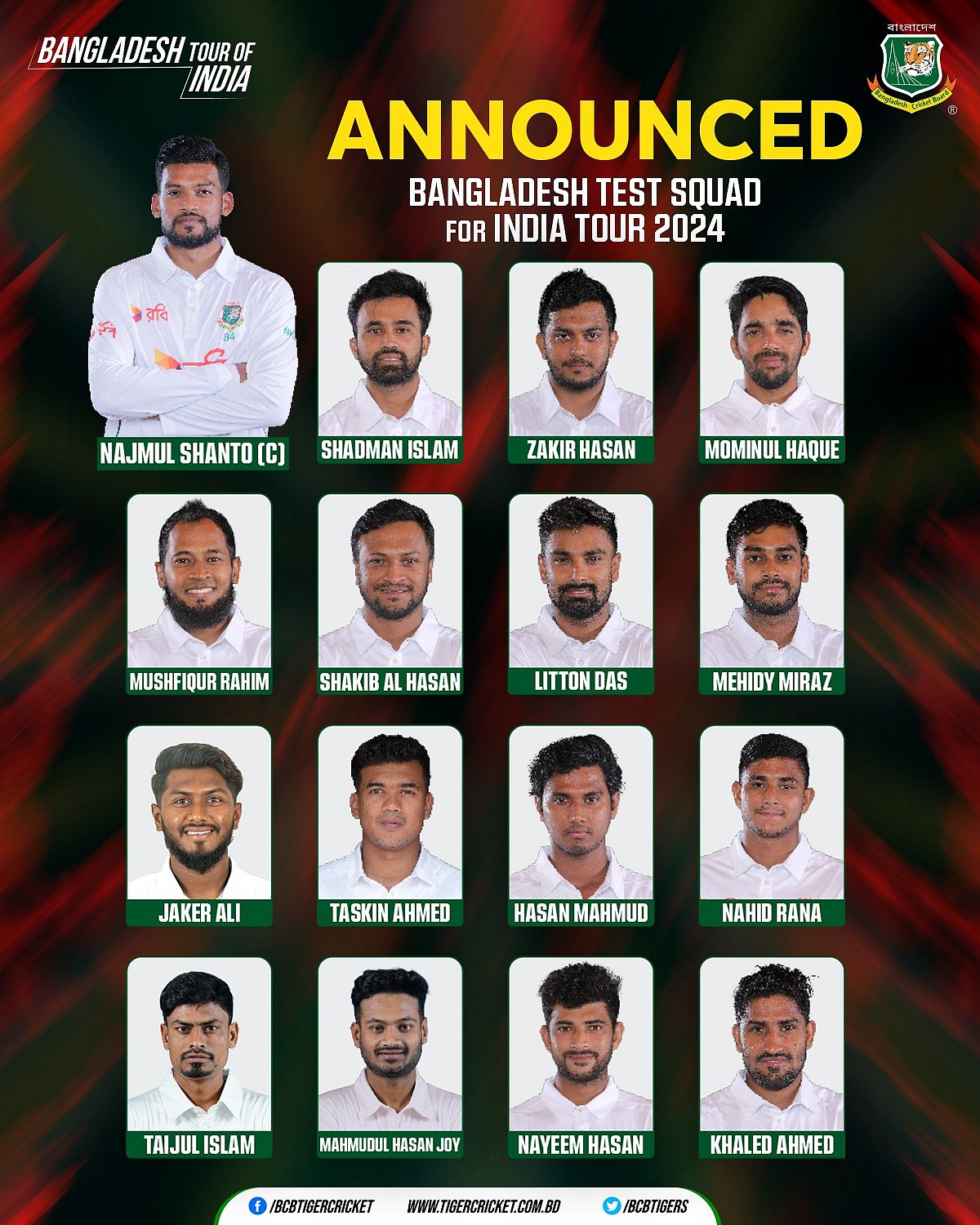 IND vs BAN Test: ಬಾಂಗ್ಲಾದ 16 ಆಟಗಾರರ ತಂಡ ಪ್ರಕಟ