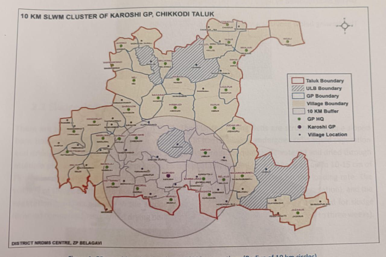 ಚಿಕ್ಕೋಡಿ ತಾಲ್ಲೂಕಿನ ಕರೋಶಿ ಗ್ರಾಮದ ಹೊರ ವಲಯದಲ್ಲಿ ನಿರ್ಮಿಸಿದ ಮಲತ್ಯಾಜ್ಯ ಸಂಸ್ಕರಣಾ ಘಟಕಕ್ಕೆ ಒಳಪಟ್ಟ ಗ್ರಾಮಗಳ ನಕಾಶೆ