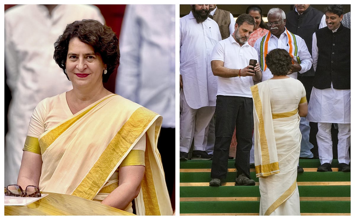 ಕೇರಳದ ಸೀರೆ ಉಟ್ಟು ಪ್ರಿಯಾಂಕಾ ಸಂಸತ್ ಪ್ರವೇಶ; ಫೋಟೊ ಕ್ಲಿಕ್ಕಿಸಿದ ರಾಹುಲ್