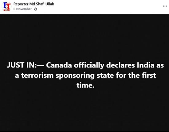 Fact check: ಭಾರತ 'ಭಯೋತ್ಪಾದನೆಗೆ ಪ್ರೋತ್ಸಾಹಿಸುವ ದೇಶ' ಎಂದು ಕೆನಡಾ ಘೋಷಿಸಿಲ್ಲ