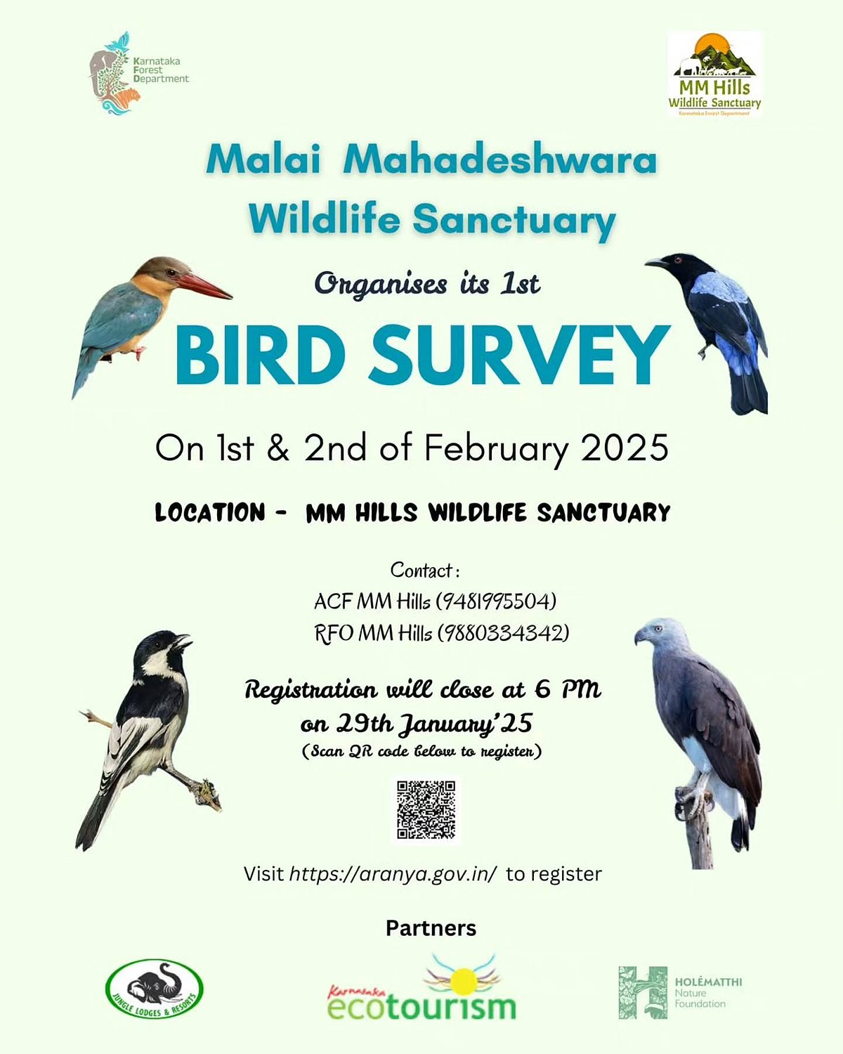 ಮಲೆ ಮಹದೇಶ್ವರ ಬೆಟ್ಟದ ಅರಣ್ಯದೊಳಗೆ ಫೆ.1, 2ರಂದು ಪಕ್ಷಿ ಗಣತಿ