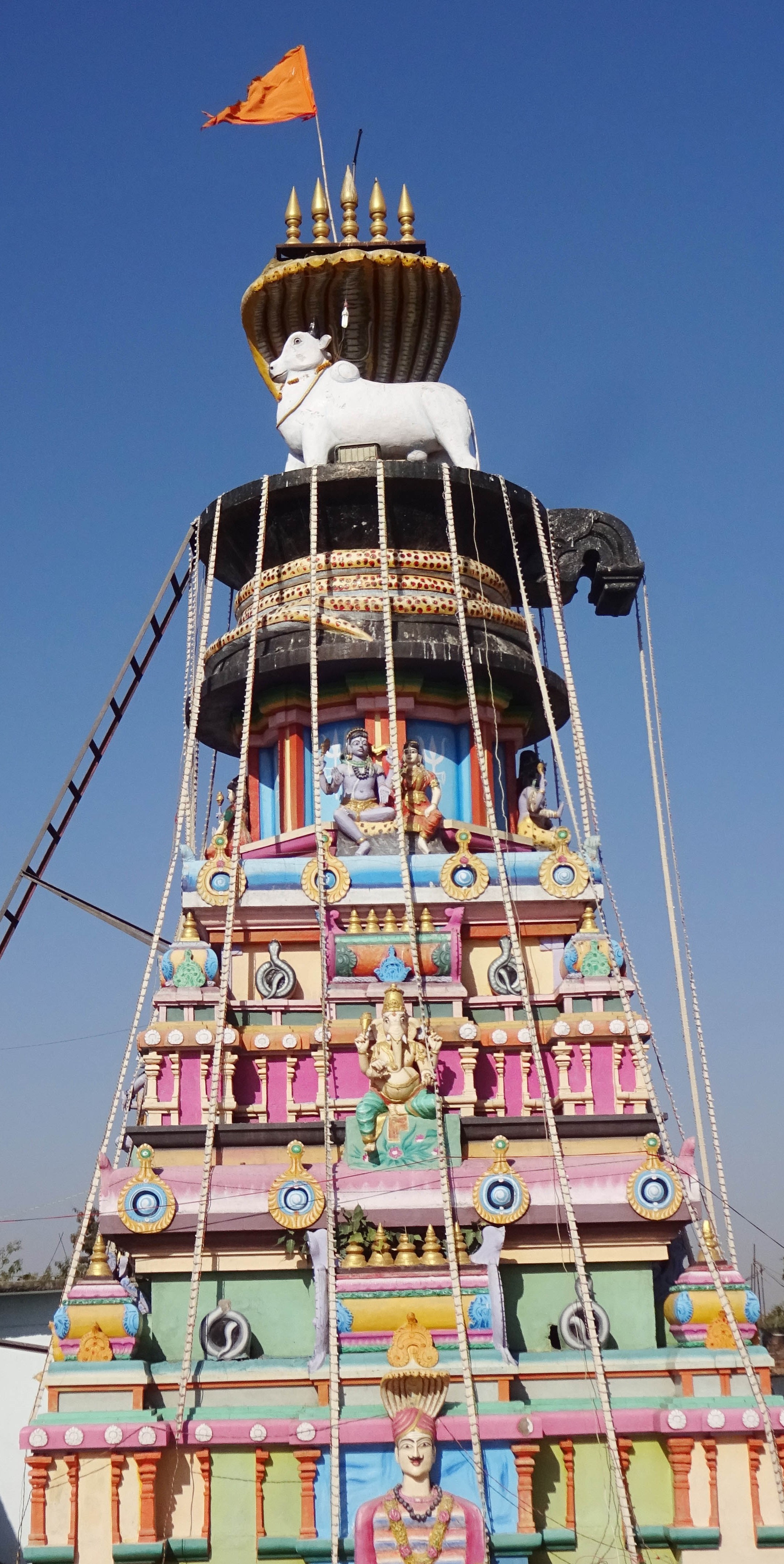 ದೇವಸ್ಥಾನದ ಗೋಪುರ ಮೇಲೆ ಬಿಡಿಸಲಾದ ಲಿಂಗದ ಮೇಲೆ ಆಕಳು ನಿಂತಿರುವ ಕಲೆ
