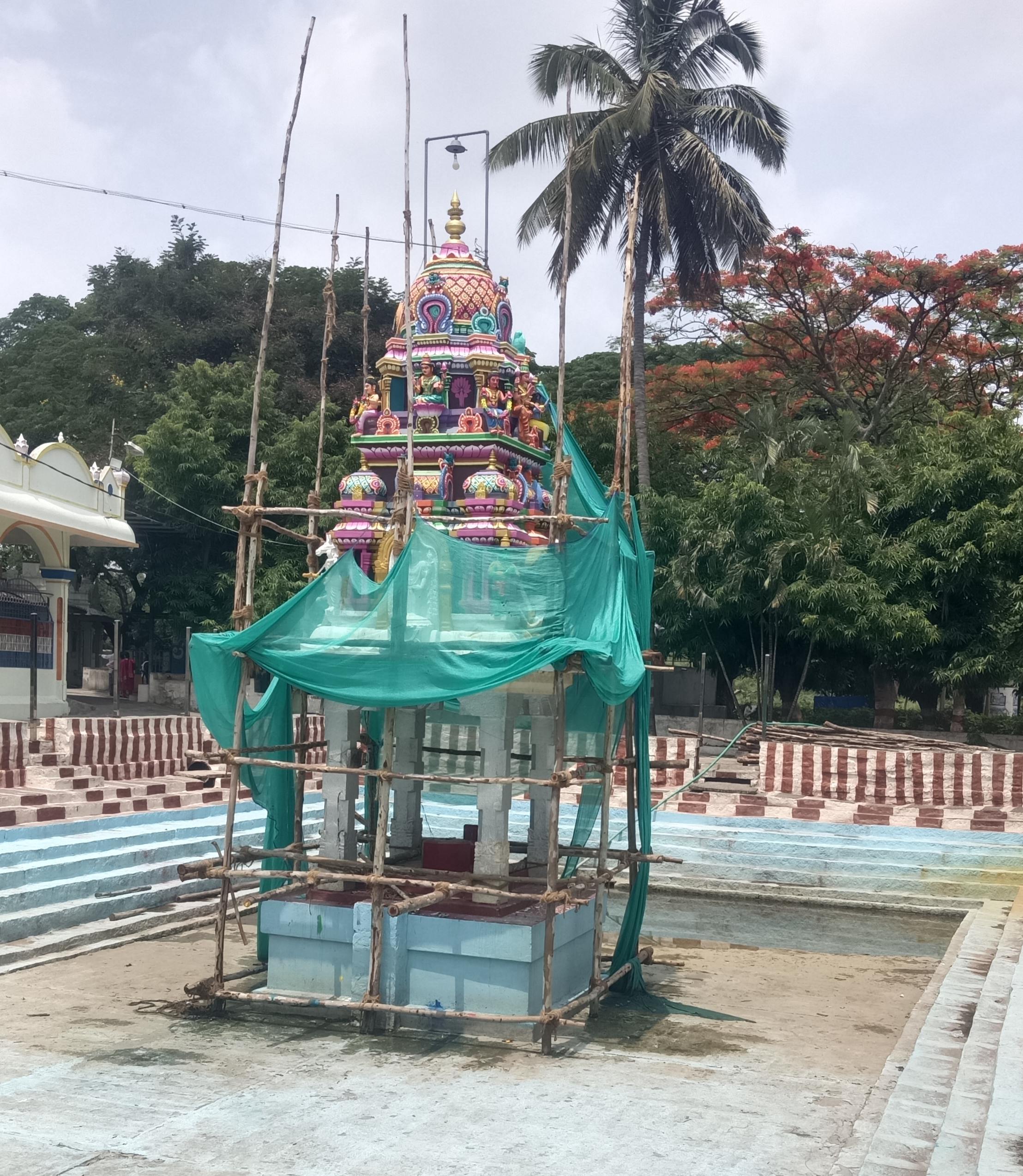 ದೇಗುಲದ ಆವರಣದಲ್ಲಿನ ಕೊಳದಲ್ಲಿರುವ ಗೋಪುರಕ್ಕೆ ಬಣ್ಣ 