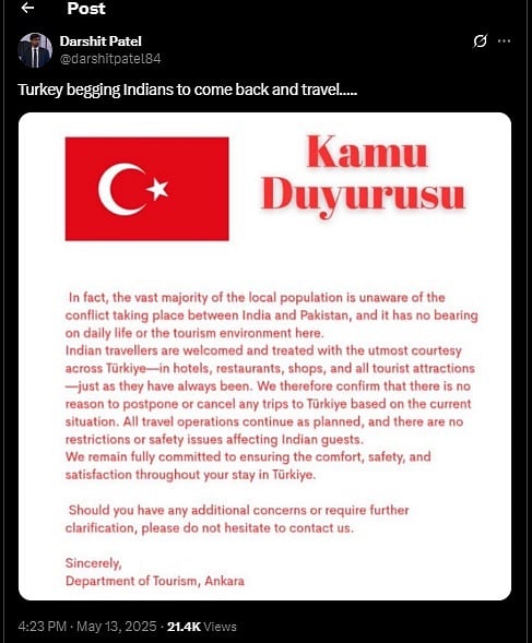 Fact check: ಪ್ರವಾಸ ರದ್ದು ಮಾಡದಂತೆ ಭಾರತೀಯರಿಗೆ ಟರ್ಕಿ ಮನವಿ ಎಂಬುದು ಸುಳ್ಳು