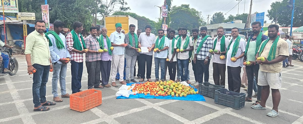 ಮುಳಬಾಗಿಲ: ಟೊಮೆಟೊ, ಮಾವಿಗೆ ಬೆಂಬಲ ಬೆಲೆ ನೀಡಲು ರೈತರ ಆಗ್ರಹ