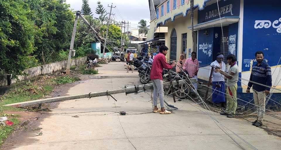ಮಲೇಬೆನ್ನೂರು ಪಟ್ಟಣದ ಇಂದಿರಾನಗರದಲ್ಲಿ ಮಂಗಳವಾರ ಬಿರುಗಾಳಿ ಮಳೆಗೆ ಸಿಲ್ವರ್‌ ಓಕ್‌ ಮರ ಬಿದ್ದು 4 ವಿದ್ಯುತ್‌ ಕಂಬ ಮಾರ್ಗ  ತುಂಡಾಗಿದೆ.