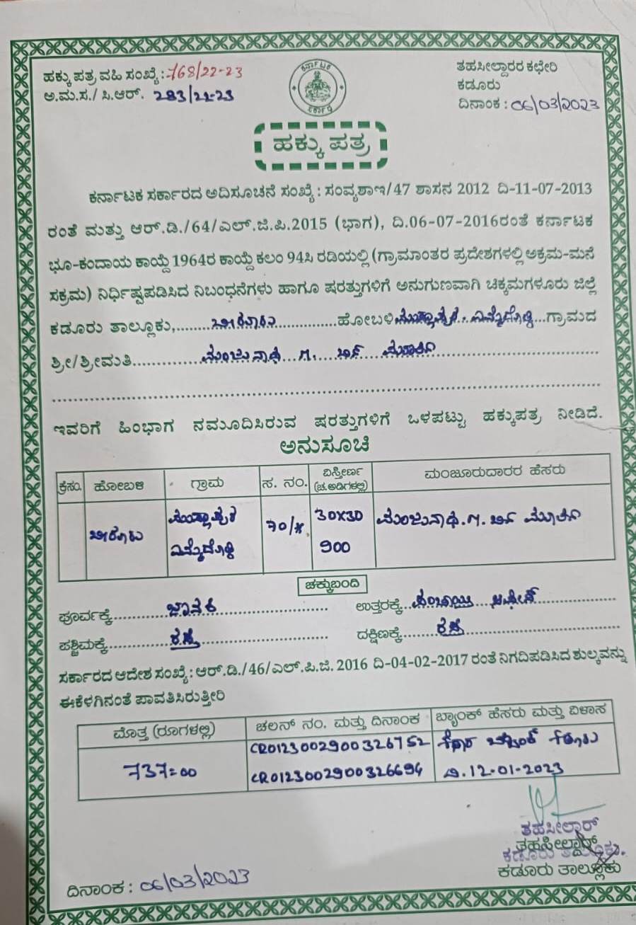  ಎಮ್ಮೆದೊಡ್ಡಿ ಭಾಗದ ಮುಸ್ಲಾಪುರದ ಗ್ರಾಮಸ್ಥರಿಗೆ ವಿತರಿಸಿರುವ ಹಕ್ಕುಪತ್ರ