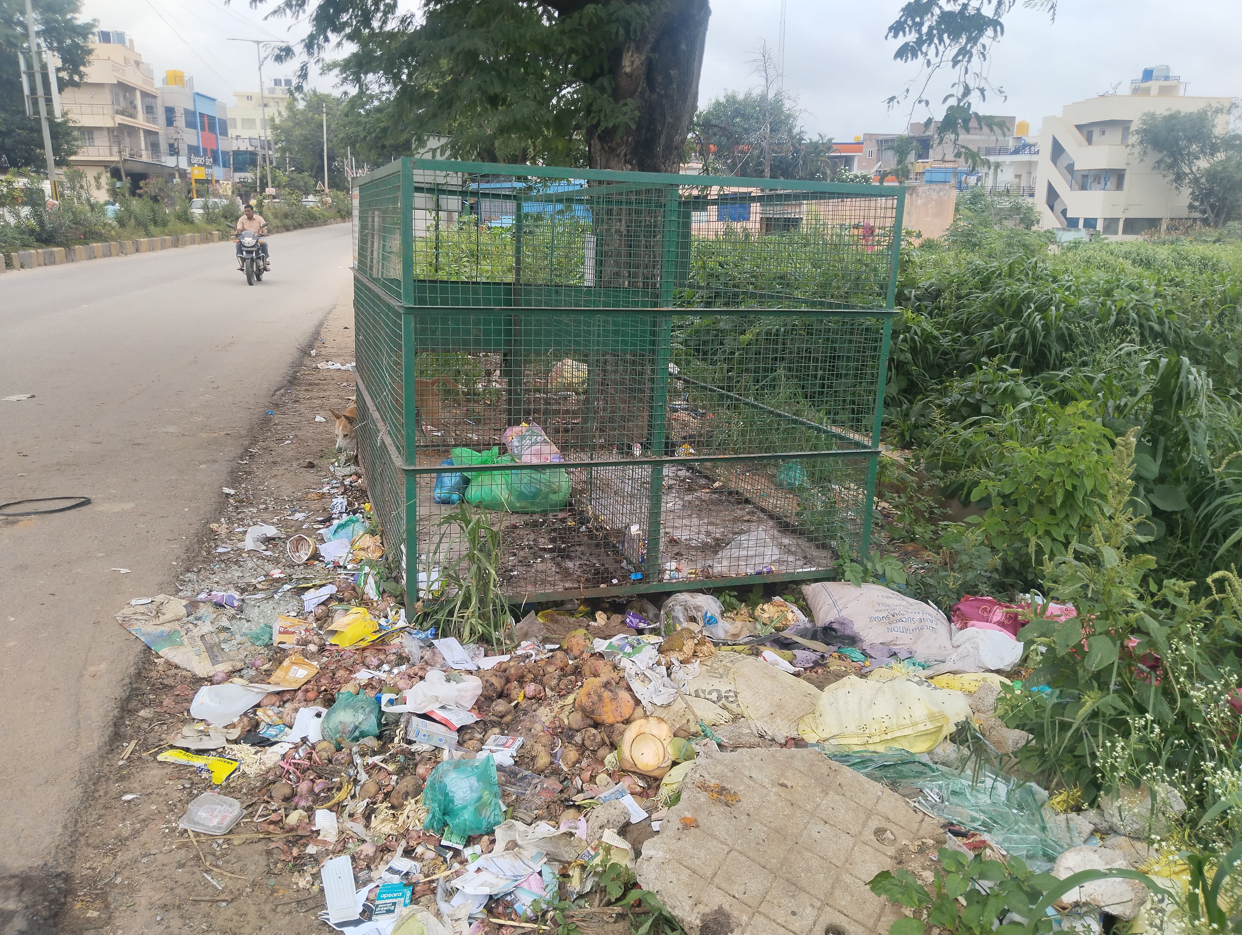 ಆನೇಕಲ್‌-ಚಂದಾಪುರ ಮುಖ್ಯ ರಸ್ತೆಯಲ್ಲಿ ಕಸದ ಬುಟ್ಟಿ ಪಕ್ಕದಲ್ಲಿಯೇ ಕಸ ಸುರಿದಿರುವುದು