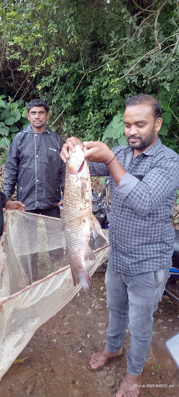 ಅಂಬ್ಲಿಗೊಳ್ಳ ಜಲಾಶಯದಲ್ಲಿ ಶಿಕಾರಿ ಮಾಡಿದ ಮೀನನ್ನು ವ್ಯಕ್ತಿಯೊಬ್ಬರು ಹಿಡಿದು ಸಂಭ್ರಮಿಸುತ್ತಿರುವುದು