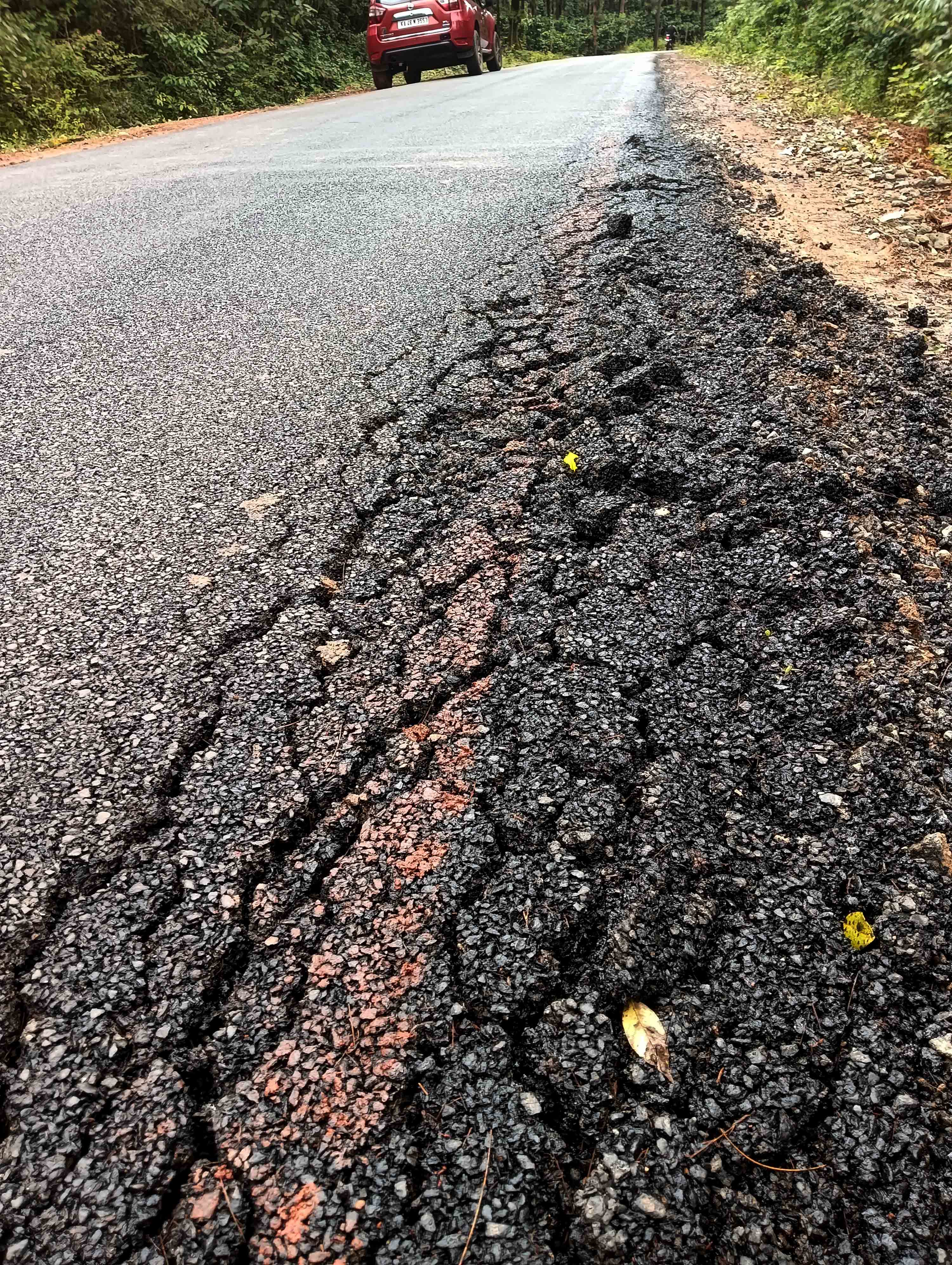 ಸಕಲೇಶಪುರ ತಾಲ್ಲೂಕಿನ ಹಾಲೇಬೇಲೂರು–ಹೊಂಕರವಳ್ಳಿ ನಡುವಿನ ರಸ್ತೆ ಡಾಂಬರು ಕಿತ್ತು ಬಂದಿರುವುದು