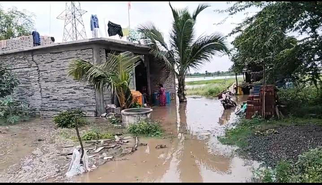 ತಾಳಿಕೋಟೆ ಪಕ್ಕದ ಡೋಣಿ ನದಿ ನೀರಿನಿಂದ ಜಲಾವೃತಗೊಂಡಿರುವ ರೈತ ಮಹಿಳೆ  ಡೋಣಿ  ನದಿ ಚಂದ್ರಮ್ಮ ಹದಗಲ್ಲ ಅವರ ವಾಸದ ಮನೆ
