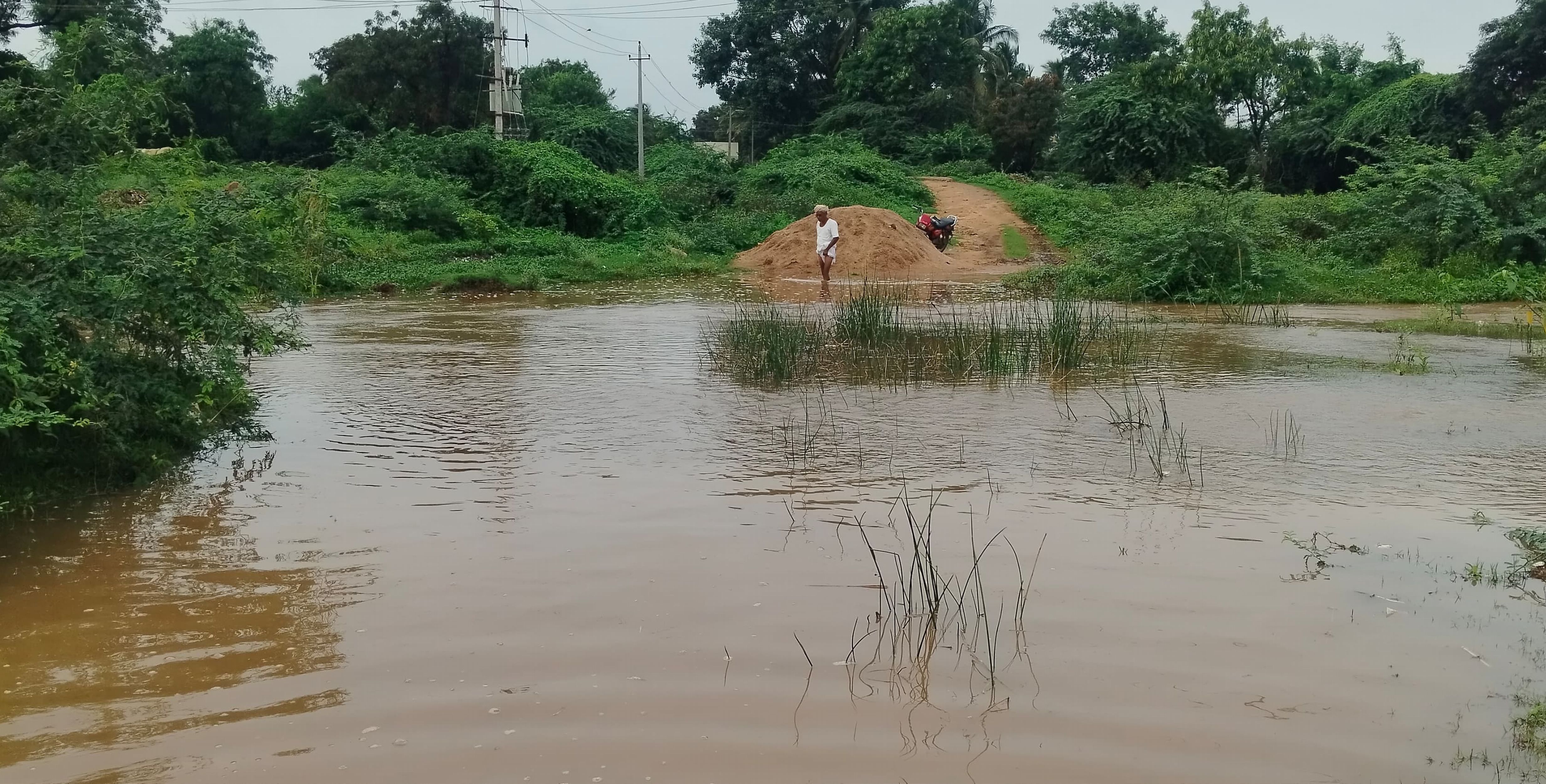 ಕೊಪ್ಪಳ ತಾಲ್ಲೂಕಿನ ಬೇವಿನಹಳ್ಳಿ ಬಳಿ ನಿಂತಿರುವ ನೀರಿನಲ್ಲಿ ರೈತನ ಪರದಾಟ