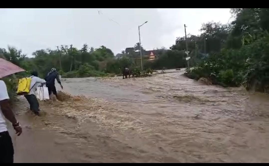 ಅಫಜಲಪುರ ತಾಲ್ಲೂಕಿನ ಬೈರಾಮಡಗಿ ಗ್ರಾಮದ ಮುಂದಿನ ಹಳ್ಳ ತುಂಬಿ ಹರಿಯುತ್ತಿರುವುದು 