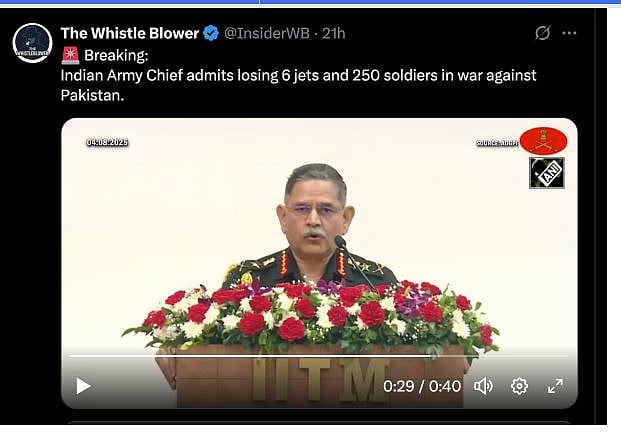 Fack Check | ಭಾರತಕ್ಕೆ 6 ಜೆಟ್ ನಷ್ಟ; ಒಪ್ಪಿಕೊಂಡ ಸೇನಾ ಮುಖ್ಯಸ್ಥ: ಇದು ಸುಳ್ಳು