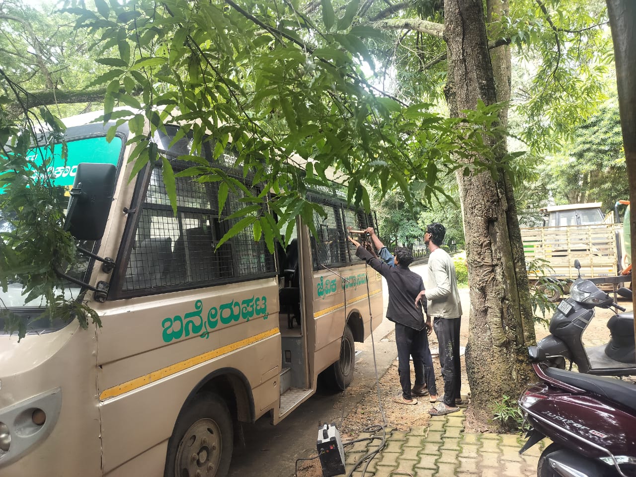 ಬನ್ನೇರುಘಟ್ಟ ಸಫಾರಿ ವಾಹನಗಳ ಛಾಯಾಗ್ರಹಣದ ರಂಧ್ರಗಳನ್ನು ಮುಚ್ಚುತ್ತಿರುವುದು
