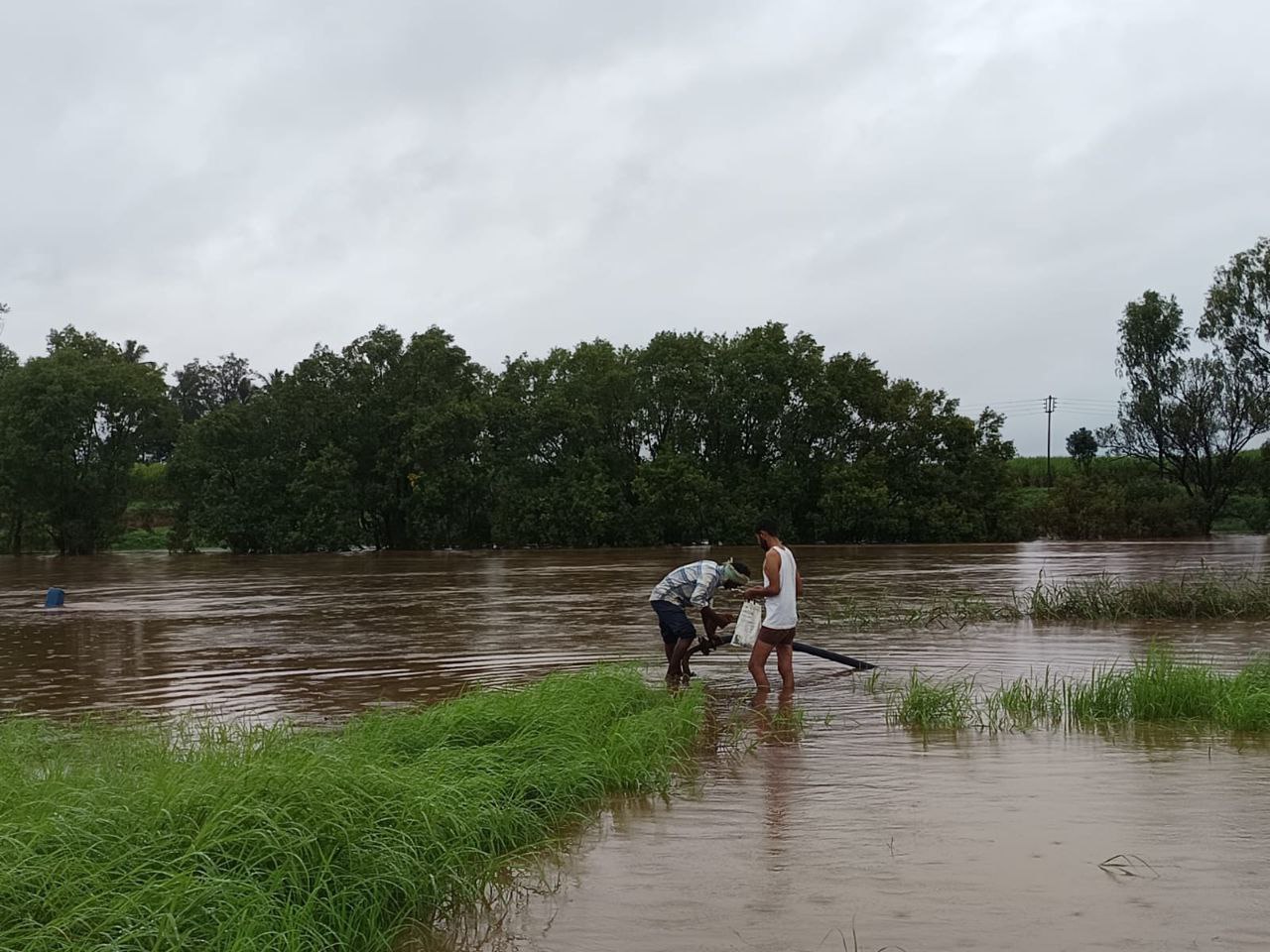 ಚಿಕ್ಕೋಡಿ ತಾಲ್ಲೂಕಿನ ಯಕ್ಸಂಬಾ ಪಟ್ಟಣದ ಹೊರ ವಲಯದಲ್ಲಿ ದೂಧಗಂಗಾ ನದಿ ನೀರಿನ ಪ್ರಮಾಣದಲ್ಲಿ ಏಕಾಏಕಿ ಏರಿಕೆಯಾಗಿದ್ದರಿಂದ ರೈತರು ನದಿ ತೀರದಲ್ಲಿರುವ ಪಂಪಸೆಟ್ ಗಳನ್ನು ತೆರವುಗೊಳಿಸಿದರು. ಚಿತ್ರ : ಚಂದ್ರಶೇಖರ ಎಸ್ ಚಿನಕೇಕರ 