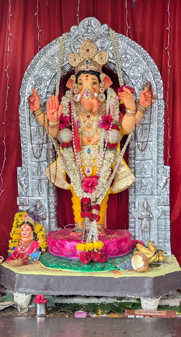 ನಗರದ ಮೇಗಳ ನಾಯಕರ ಬೀದಿಯಲ್ಲಿ ಕೂರಿಸಿರುವ ಗಣಪತಿ