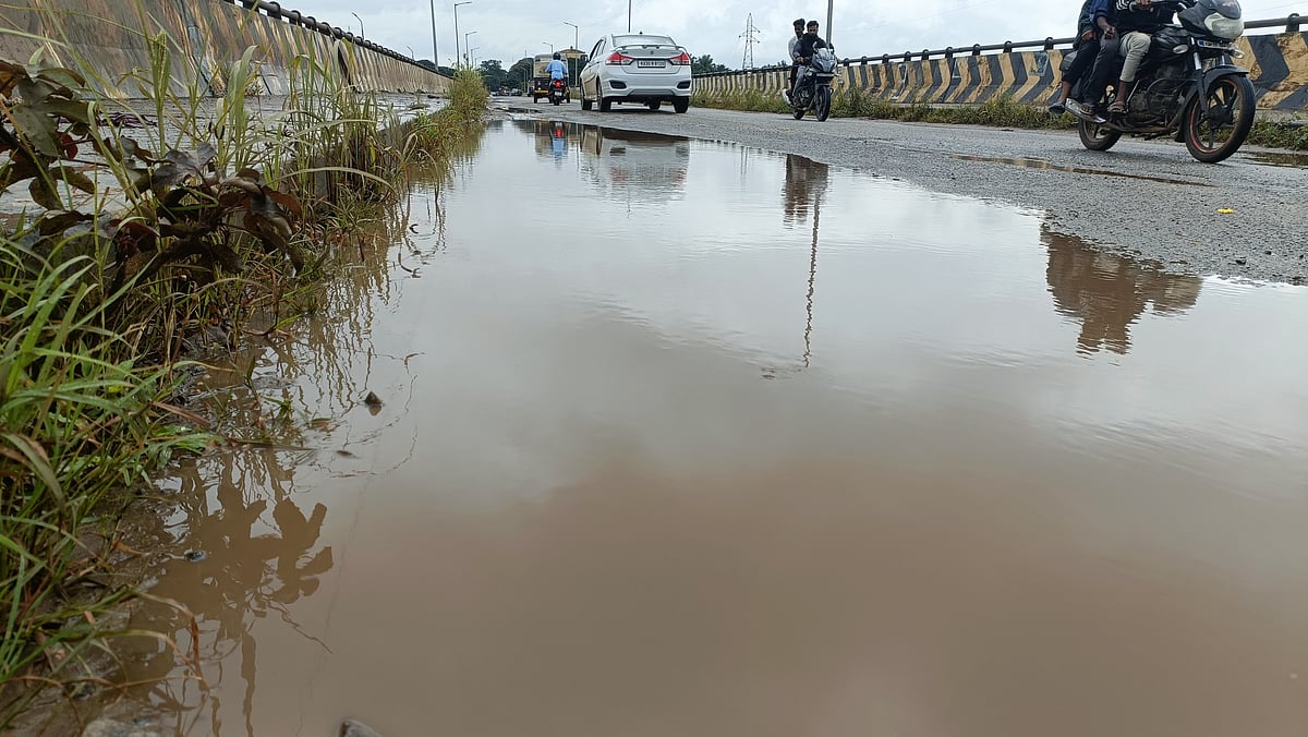 ಹರಿಹರ: ತುಂಗಭದ್ರಾ ಸೇತುವೆ ಮೇಲೆ ನಿಂತ ಮಳೆ ನೀರು