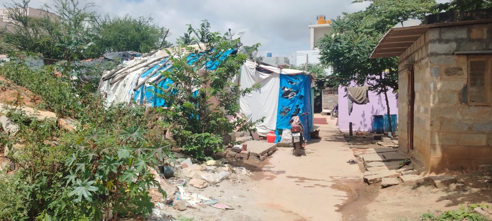 ಮನೆಯೊಂದಕ್ಕೆ ಟಾರ್ಪಲ್‌ ಕಟ್ಟಿಕೊಂಡಿರುವುದು