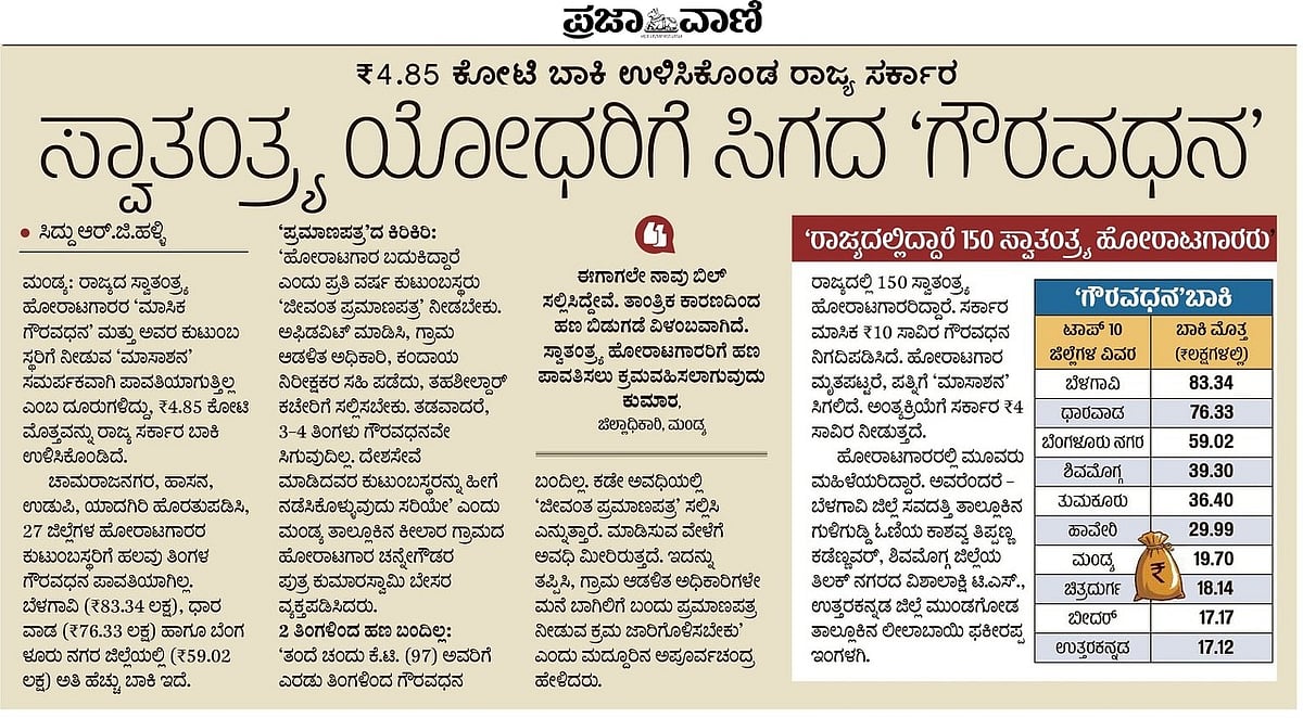 ಸ್ವಾತಂತ್ರ್ಯ ಯೋಧರಿಗೆ ಸಿಗದ ಗೌರವಧನ: 29 ಎ.ಸಿ.ಗಳ ವಿರುದ್ಧ ‘ಸುಮೊಟೊ’ ಪ್ರಕರಣ